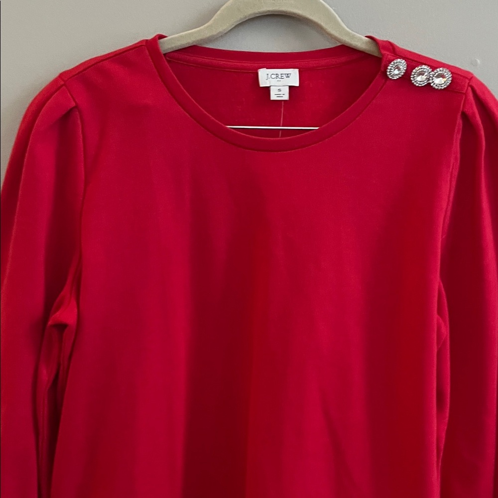 J Crew red puff sleeve dressy sweatshirt top beaded shoulder size small - Picture 2 of 15